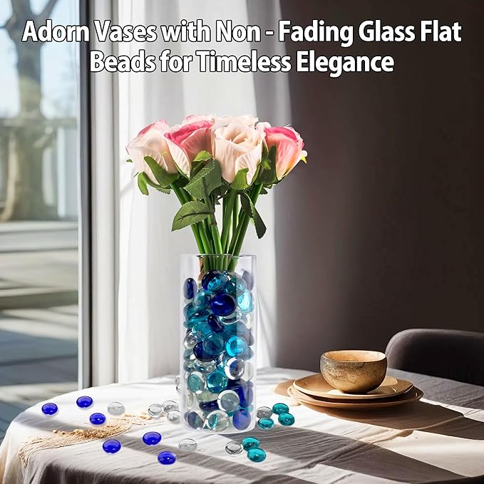 1LB Mixed Blue Glass Marbles, Transparent and Smooth Flat Glass Beads for Vases, Mosaic Gem Pebbles for Aquarium Decor, Floral Arrangements, Mancala Stones, Vase Filler and Crafts (Approx. 80-100 PCS)