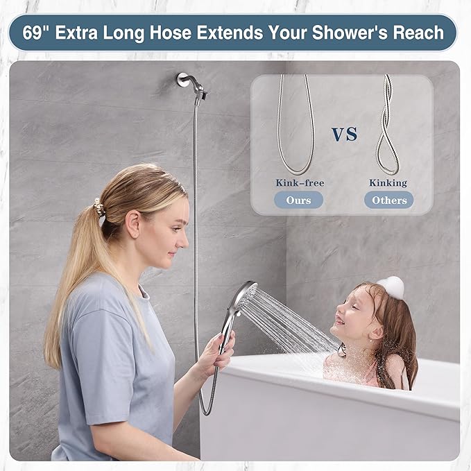 BRIGHT SHOWERS High Pressure Shower Head with Handheld, 9 Spray Settings Showerhead Built in Power Wash to Clean Tub and Pets, Extra Long 69" Hose, Adjustable Bracket, Brushed Nickel