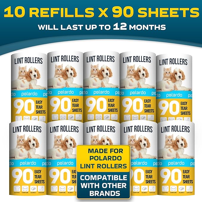Lint Rollers 900 Sticky Sheets, 10 Spare Rollers,10 Pack of Refills Only. Pet Hair Remover for Clothes, Furniture, Couch, Carpet, Dog Hair Remover, Cat Hair Remover, Animal Fur, Fuzz