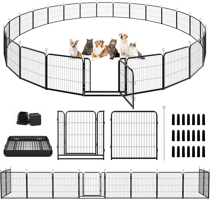 Dog Playpen Outdoor Extra Wide 24 Panels Heavy Duty Dog Fence 32" Height Anti-Rust with Doors Portable for RV Camping Yard, Total 63FT, 316 Sq.ft, Snowy Black