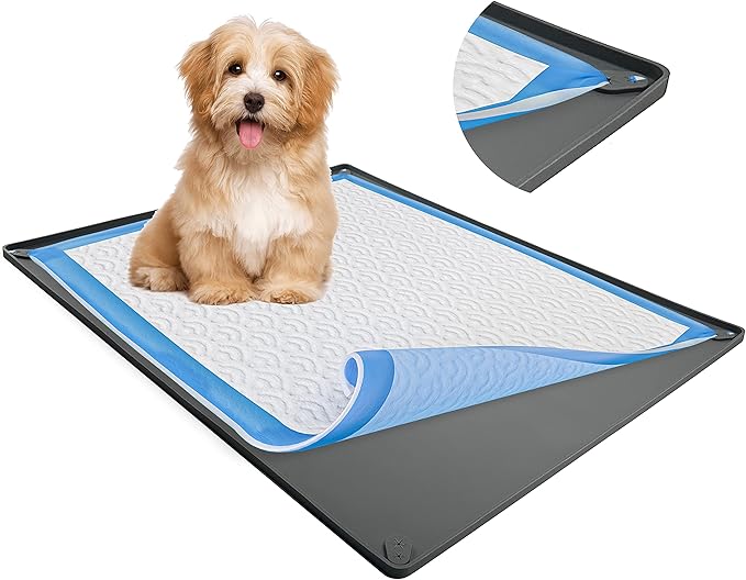 Skywin TidyFriend Dog Pee Pad Holder Tray Fits for 30” x 36” Pee Pads with Corner Lock Holes, Raised Edges, Non-Spill, Easy to Clean Silicone Dog Potty Tray Holder, for Indoor Floor Protection (Grey)