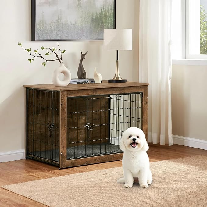 Dog Kennel Furniture, Wooden Dog Crate End Table, Heavy Duty Dog Crate, Decorative Pet Crate Dog Cage for Large Indoor Use (Rustic Brown) 27" L×20" W×23" H