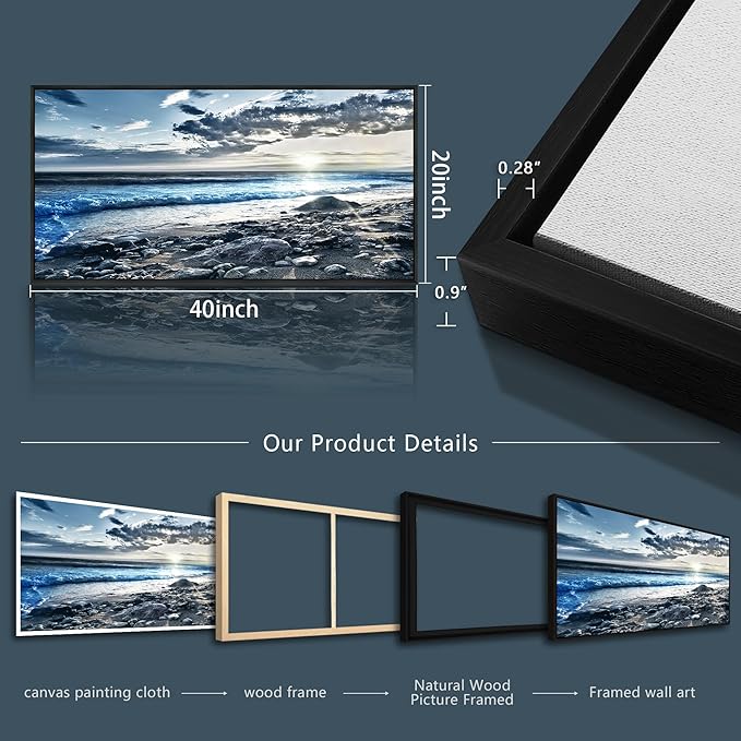 Wapluam Large Canvas Prints Wall Art For Living Room Wall Decorations For Bedroom Office Wall Decor Scenery Wall Painting Blue Sea Pictures Artwork For Fashion Black Framed Beach Posters Home Decor