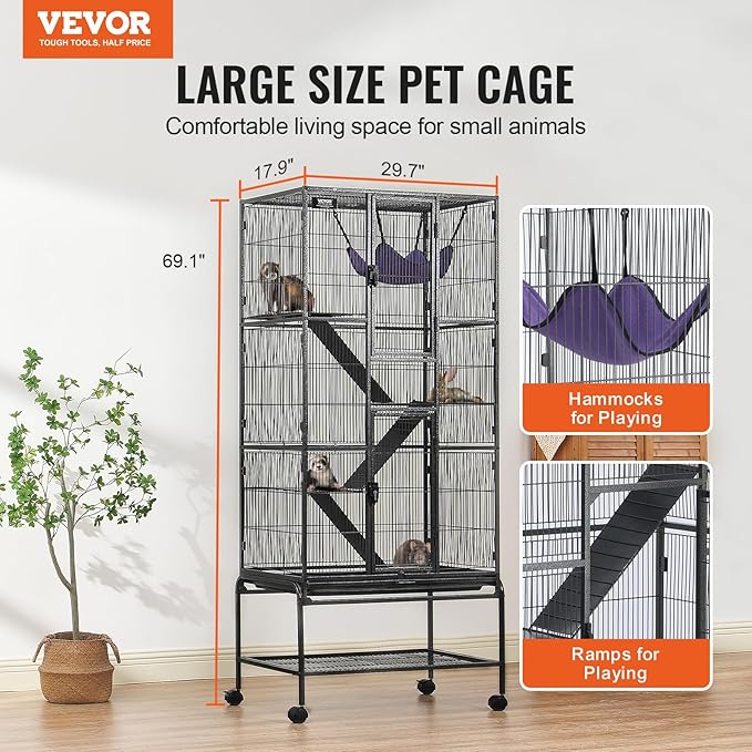 VEVOR 69" Rolling Metal Ferret Cage, Large 4-Tier Critter Nation Cage, Small Animal Cage with Ramps & Tray, Easy to Set up for Pet Mice, Hamster, Guinea Pig, Chinchilla, Squirrel, Hedgehogs, Bunny