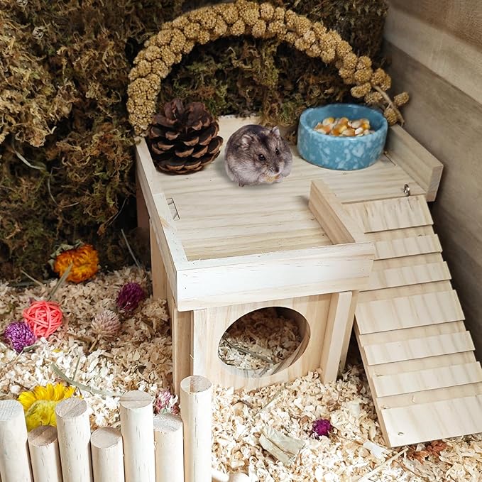 Wooden Hamster Hideout Hamster Wood House with Ladder Hides Platform Decor Detachable Small Animals Cage Accessories for Rat Gerbils and Other Small Pets