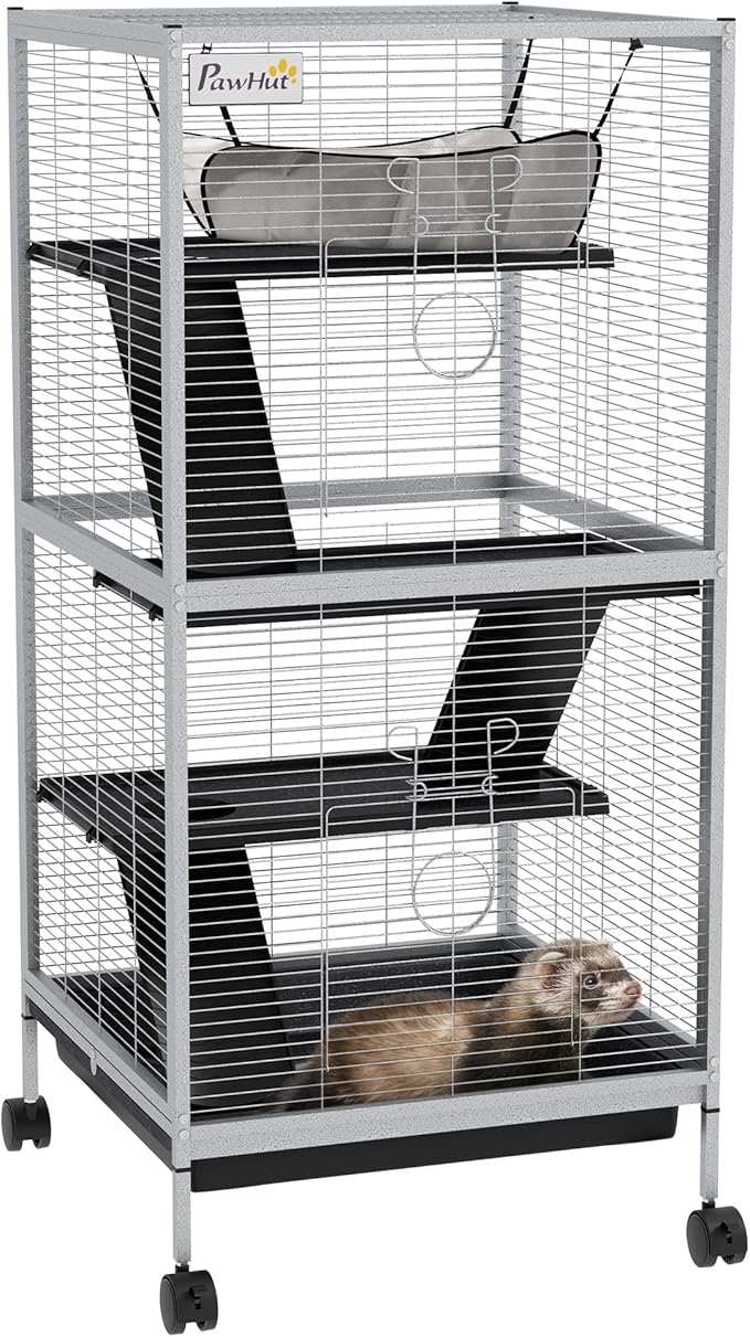 PawHut Metal Small Animal Cage, 4-Tiers Rolling Big Ferret Cage with Hammock, Removable Tray, for Chinchilla, Sugar Glider, White