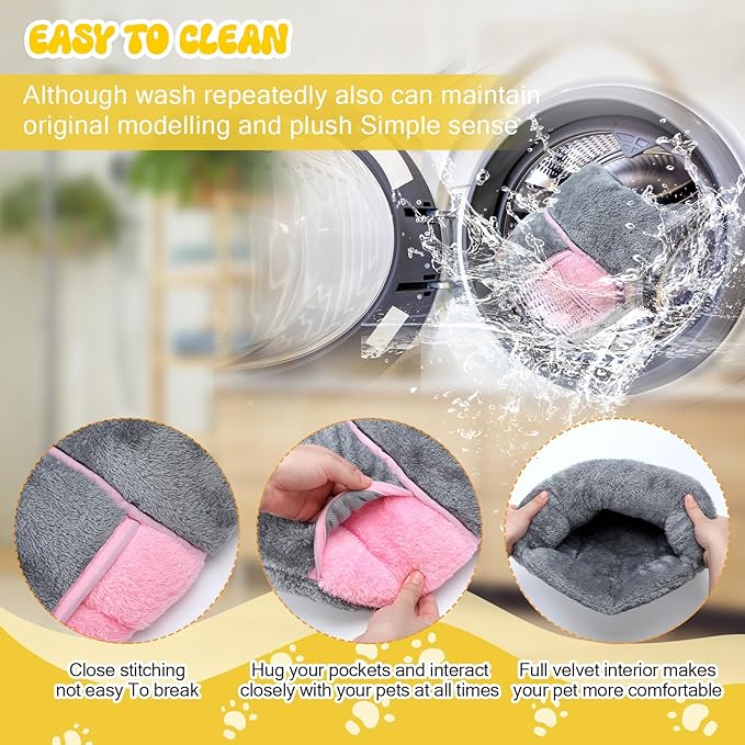 Wenqik 2 Pcs Guinea Pig Bed Cuddle Warm Hideout Small Animal Sack Cozy House Bedding Sleeping Cushion Portable Pet Carrier Cage Nest for Rabbit Hamster Rat (Gray, Pink,Plain)