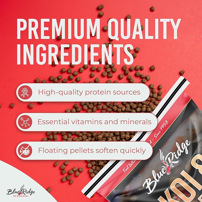 Blue Ridge Koi Fish Food 25lb - Koi Food Large 3/16" Growth Formula, Goldfish Food, Premium Fish Food for Ponds, Ponds Fish Food, Floating Pond Pellets