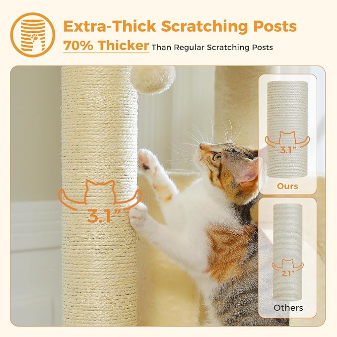 Large Cat Tree with Reinforced Scratching Posts (φ3.1in) for Big Adult Cats 30 lbs, 57.8" Heavy Duty Cat Tower with Larger Hammock and Condo, Cat Furniture for Maine Coon, Plush,Beige