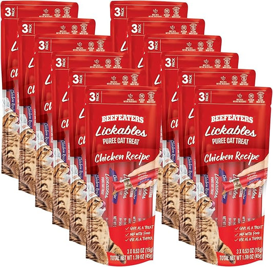 Beefeaters Cat Treats Lickable Puree 1.59oz (12-Pack) – Chicken, Grain-Free, Taurine-Enriched, Ideal for Training & Interactive Feeding