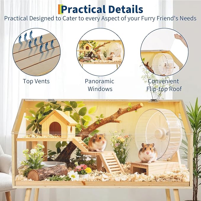 Wooden Hamster Cage with Legs, 40" l x 20" w x 47.5" h Guinea Pig Cages Chew Proof,Large Hamster Habitats Enclosure with Acrylic Window & Openable Top for Guinea Pig, Chinchilla, Gerbil