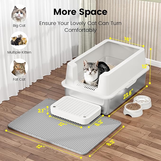 Stainless Steel Cat Litter Box - Enclosed XL Metal Kitty Litter Box with Lid for Big Cats, High Sided, Anti-Leakage, Easy Cleaning, Non-Sticky, Included Litter Mat, Cat Bowl & Spoon