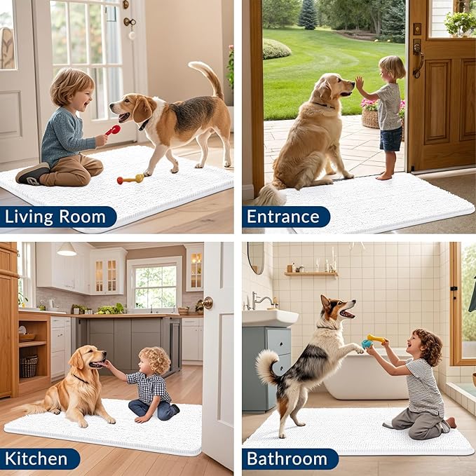 Smiry Dog Door Mat for Muddy Paws 24x16, Absorbs Moisture and Dirt Doormat, Non-Slip Washable Quick Dry Chenille Front Door Mat Indoor Entrance, Entryway Carpet for Inside Floor, White