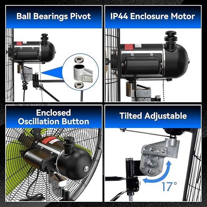 Pro 9500 CFM 24" Outdoor IP44 Waterproof Wall Mount Fan, 3-Speed Oscillating Metal Fans with Enclosure Motor, Heavy Duty Wall Fan for Patio, Warehouse, Garage, and Jobsite