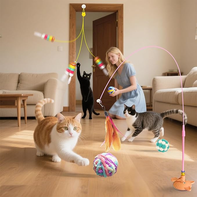 Cat toy pack with 27PCS self play accessories for indoor cats-cat teaser wand, fishing pole, suction cup, ball, string, mouse, feathers and hanging interactive cat toys for kitten Exercise & Chase