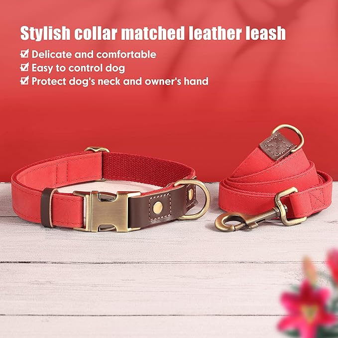 Didog Soft PU Leather Dog Collars for Medium Dogs,Classic Adjustable Dog Collars with Quick Release Metal Buckle,Easy Clean and Comfortable with Nylon Lining,Red,M Neck 13-19"