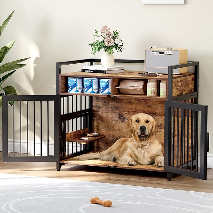 Large Dog Crate Furniture, 41 Inch Wooden Dog Crate, Heavy Duty Dogs Kennel with 2 Drawers Storage, 360° Adjustable Raised Feeder, Indoor Dogs House End Table