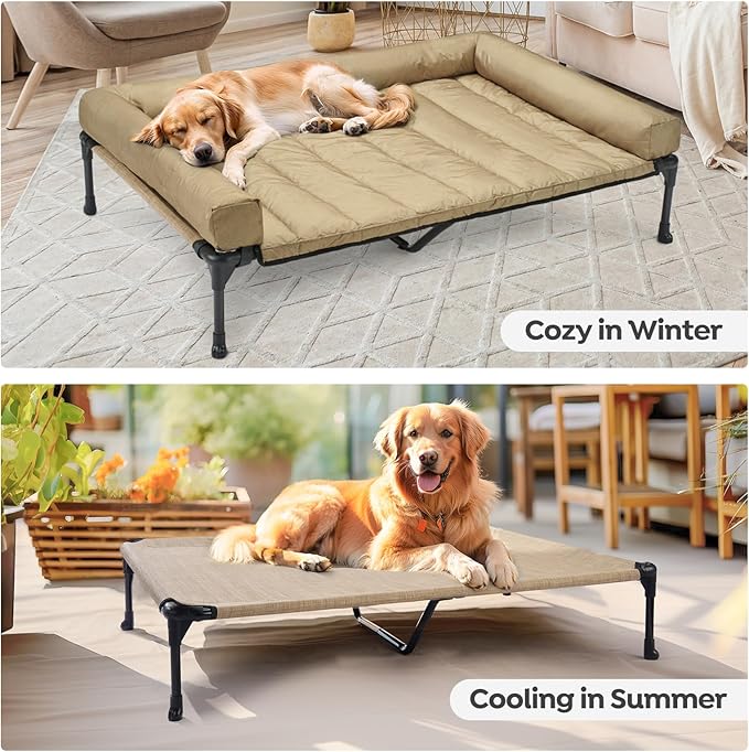 Veehoo Cooling Elevated Dog Bed Add Removable Waterproof Bolster Cushion Mat, Raised Pet Cot with Breathable Teslin Mesh, No-Slip Feet, Dog Couch Bed for Indoor Outdoor, 59x37.5inches, Beige, CWC2331B
