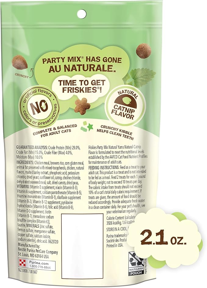 Purina Friskies Made in USA Facilities, Natural Cat Treats, Party Mix Natural Yums Catnip Flavor - (Pack of 10) 2.1 oz. Pouches