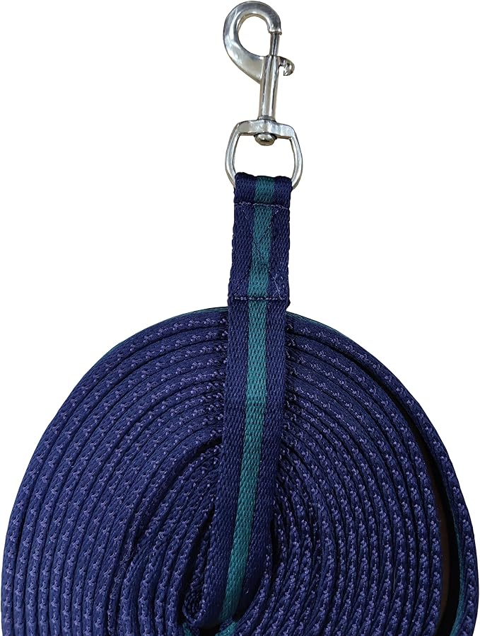 Soft Padded Lunge Line Rein Lead for Horses 27ft Looped Handle Swivel Clip (Navy/Green)