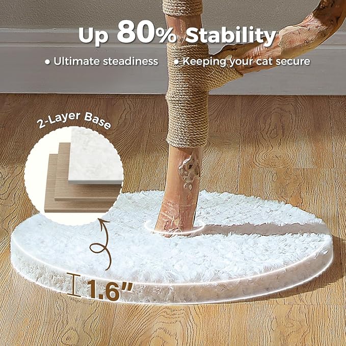Wood Flower Cat Tree, Modern Cat Tower with Real Wood Branches, Luxury Boho Furniture with Scratching Post and 2 Perches, Cat Climbing Tower for Indoor Cats, Cloud White