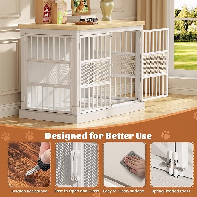 VOPEAK 40" Dog Crate Furniture, Chew Resistant Large Dog Crate for Medium Large Dogs, Heavy Duty Dog Crates Dog Kennel Cage Indoor with Double Doors, Wooden End Table for Bedroom Living Room