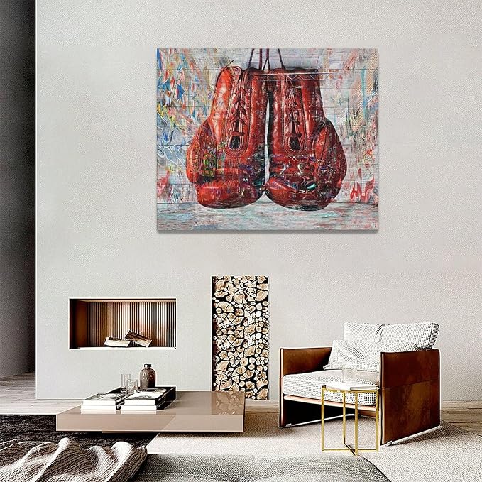 Quorin Banksy Graffiti Boxing Wall Art Red Boxing Gloves Pictures Gym Sport Wall Decor Canvas Print Painting Artwork for Gym Living Room Bedroom 16"x20"