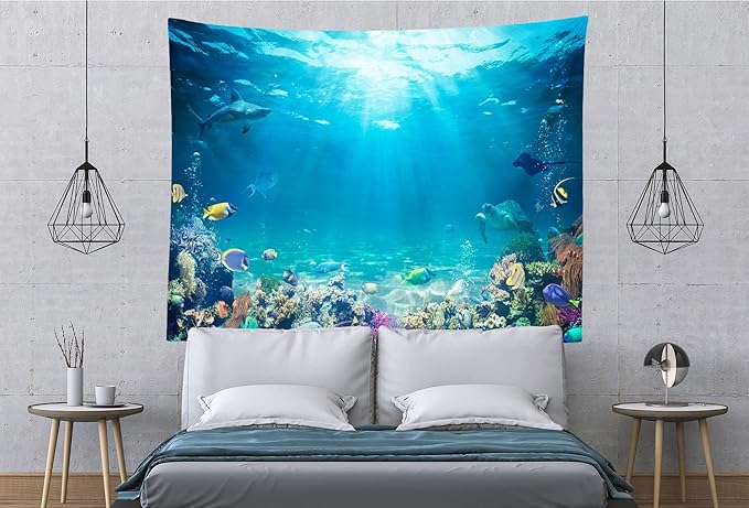 Loccor Underwater World Tapestry Blue Ocean Wall Hanging Under the Sea Coral Reef Wall Tapestry 80X60 Inches Tropical Fish Tank Undersea Tapestries Marine Wall Art for Bedroom Living Room Dorm Decor