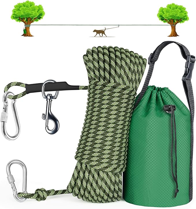 Tresbro Dog Camping Leash, 50ft/75ft/100ft Trolley System for Dogs up to 300lbs, Portable Lightweight Runner Lead for Yard, Reflective Dog Tie Out Cable for Camping, Courtyard, Park, Outside