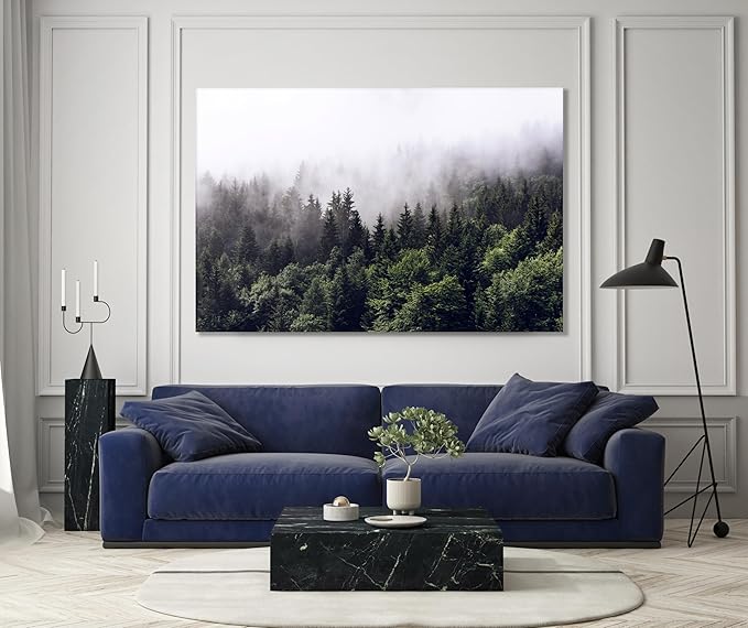 Nature Wall Art Prints - Ocean Forest Mountain Lake Canvas Landscapes - Small to Extra Large Living Room Bedroom Kitchen Bathroom Décor (Foggy Pine Forest, 35L" x 53W")