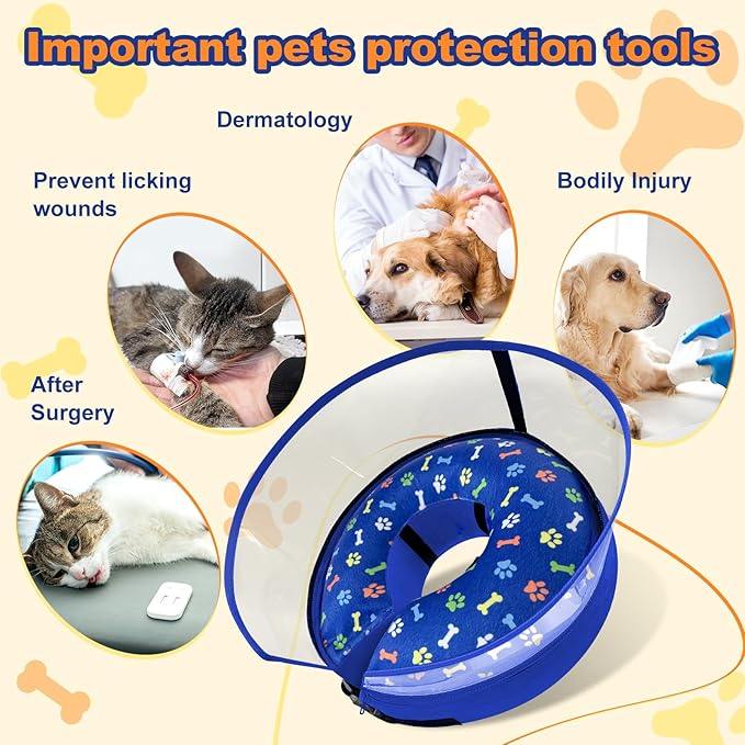 Dog Cone Collar with Enhanced Anti-Licking, Inflatable Dog Cone After Surgery, Adjustable Size with Soft Padding for Small Medium Large Dogs - Blue/M+