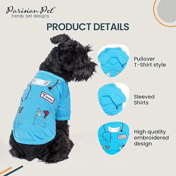 Parisian Pet Doctor Woof Dog Shirt - Embroidered Pirate Costume - 100% Cotton & Polyester - Blue Funny Dog Shirts - Pet Costume - 2XL