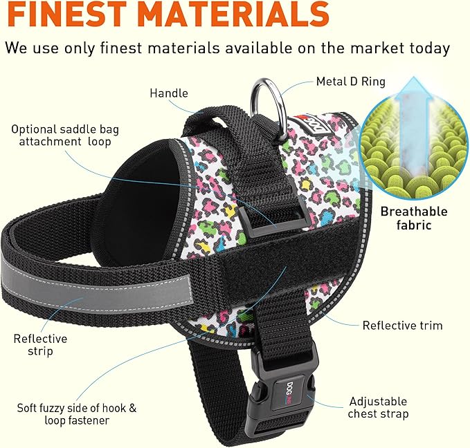 Dogline Dog Harness, Reflective No-Pull Adjustable Vest with Handle for Walking, Training, Breathable, No - Choke Harness for Small, Medium or Large Dogs Room for Patches Leopard Rainbow XS 15"-18"