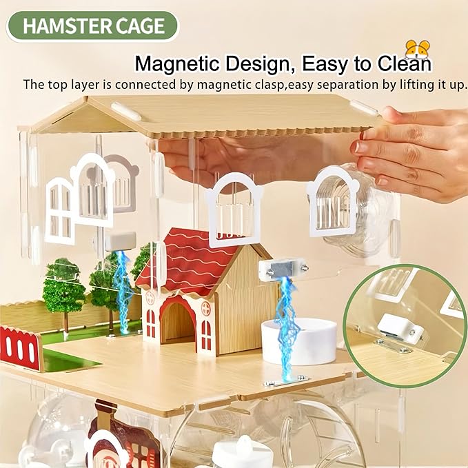17 in 1 Clear Acrylic Hamster Cage with All Accessories,13.5''L* 10''W* 21''H Dwarf Hamster Cage,Magnetic Connection Small Hamster Enclosure,Garden Style Wooden Mouse Cage for Pet Mice(3-Layer,White)