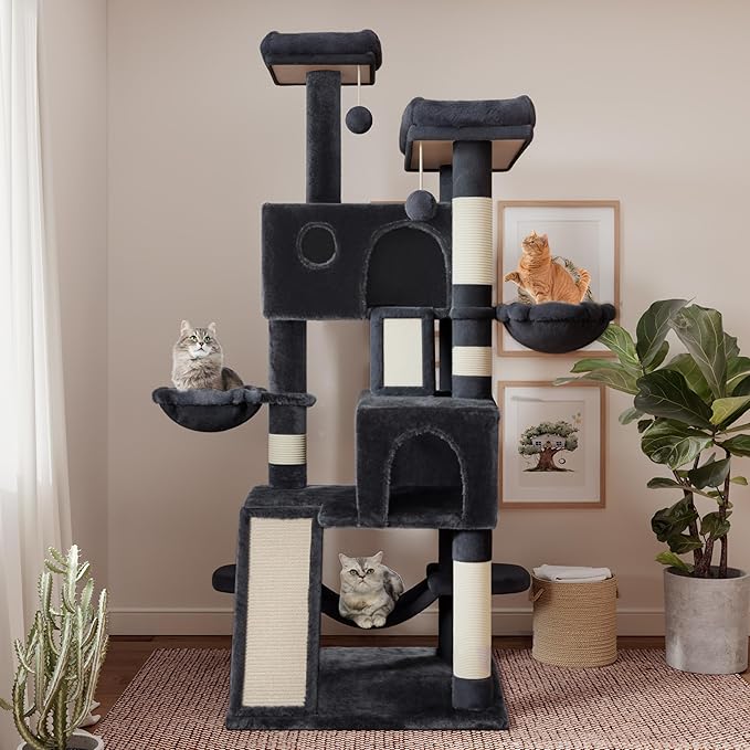 SHA CERLIN 65in Larger Cat Tree Tower Condo for Indoor Kitties/Multi-Level Furniture Activity Center with Wide Base/Cozy Plush Cat Perches/Baskets/Sisal Scratching Posts and Hammock/Dark Grey
