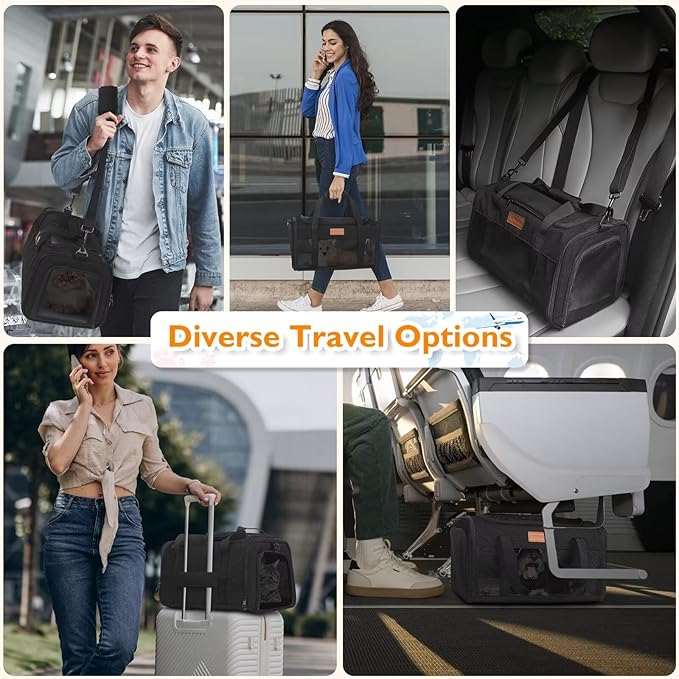 PETUX Pet Carrier Airline Approved, 17"x11"x9.5" Cat Carrier Soft with Anti-Scratch Mesh for Small Cats up to 12 lb, Top Open Portable Dog Carriers with Little Box for Puppy up to 10 lb (Black)