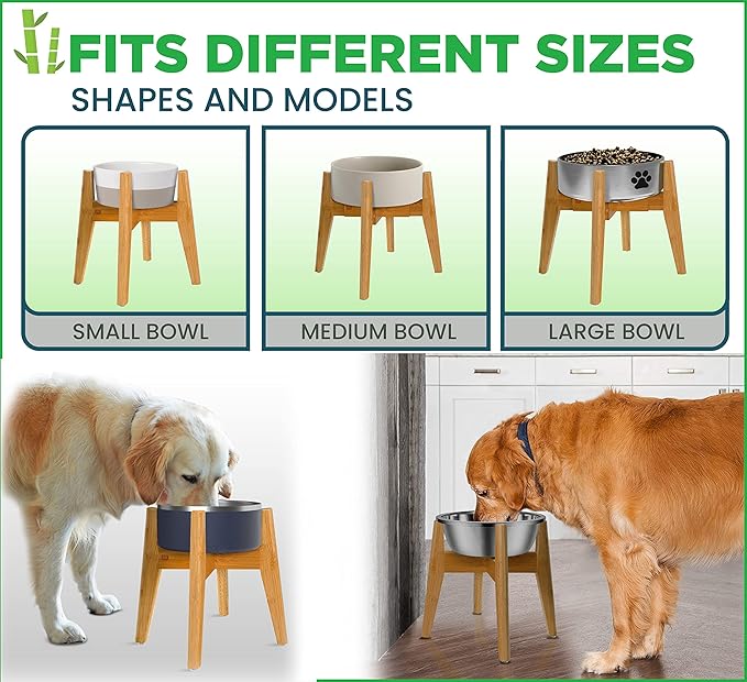 Dog Bowl Stand (12-inch High) - Ideal for Large Breeds - Adjustable Sideways, Slanted Feet - Elevates, Raises Pet Food Feeders, Water Dishes, Fountains, Dispensers - Bamboo Stand Only