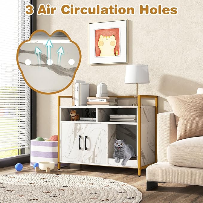 Tangkula Litter Box Enclosure, Modern Cat Litter Box Furniture with Metal Frame, Scratching Board, Storage Compartment, Hidden Cat Washroom (Marble White)