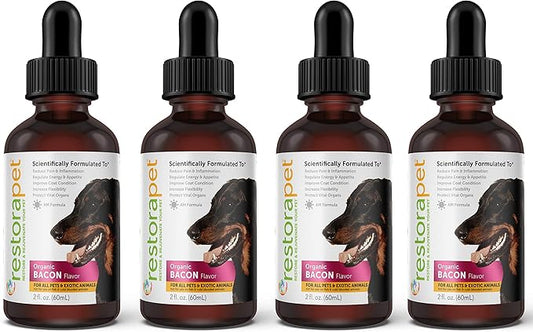 RestoraPet 4-Pack Dog & Cat Bacon Liquid Multivitamin | Dog Arthritis Pain Relief | Hip & Joint Vitamins for Dogs - Anti Inflammatory Supplement for Dogs & Cats | Organic & Non-GMO, Vet Approved