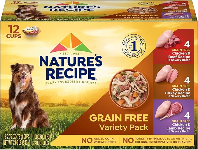 Nature's Recipe Nature’s Recipe 2.75 Ounce Grain Free Chicken & Beef, Chicken & Turkey, Chicken & Lamb Wet Dog Food Variety Pack, 12 Pack, 2 Count Case