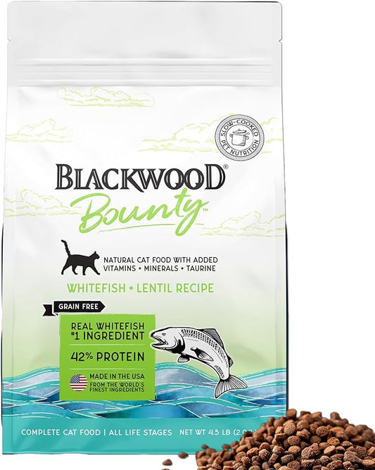Blackwood Bounty Dry Cat Food, Whitefish & Lentil Recipe for All Life Stages, 4.5 Pound Bag, High Protein, Grain Free