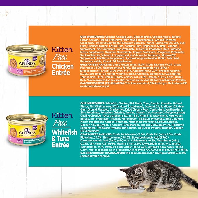 Wellness Complete Health Pate Kitten Wet Cat Food, Natural, Protein-Rich, Grain Free, 3 Ounce, 12 Pack, (Whitefish & Chicken Variety Pack)