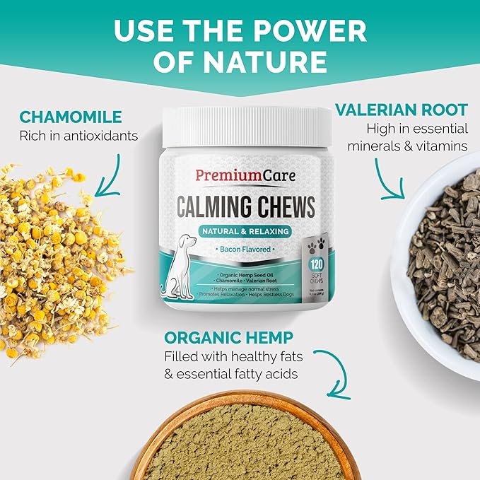 PREMIUM CARE Hemp Calming Chews for Dogs, Made in USA - Helps with Dog Anxiety, Separation, Barking, Stress Relief, Thunderstorms and More, 9.3 oz (264g), 120 Count