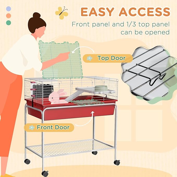 PawHut Two-Story Small Animal Cage Removable from Stand, Guinea Pig Cage with Shelf & Wheels, Pet Habitat for Hedgehog, Chinchilla, Ferret, 33" x 18.5" x 35", Red