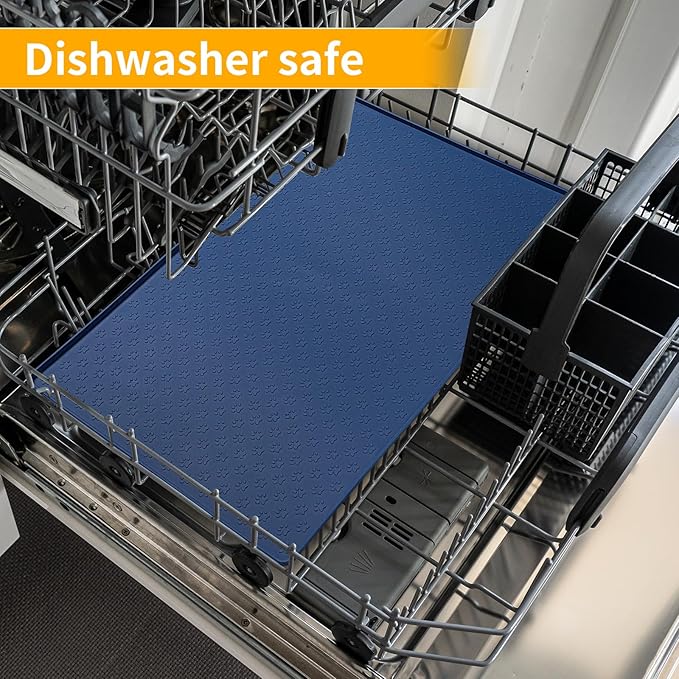 Ptlom Silicone Pet Placemat for Dog and Cat, Waterproof Non-Slip Pet Feeding Bowl Mats for Food and Water, Small Medium Large Tray Mat Prevent Residues from Spilling to Floor, Navy Blue, 18" 12"