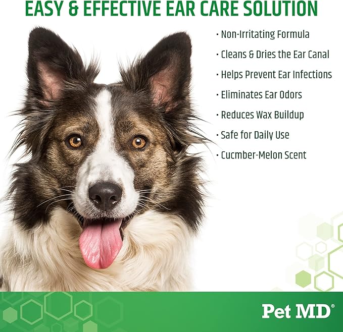 Pet MD Otic Clean Dog Ear Cleaner for Cats and Dogs - Effective Against Infections Caused by Infections, Itching and Controls Ear Odor - 8 oz (Cucumber Melon)