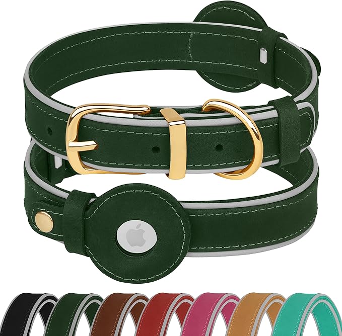 OOPSDOGGY Reflective Geniune Leather Airtag Dog Collar Soft Padded Collars for Small Medium Large Breed Dogs Puppy, 4 Sizes, 7 Colors (Green, Large, 15"-19")