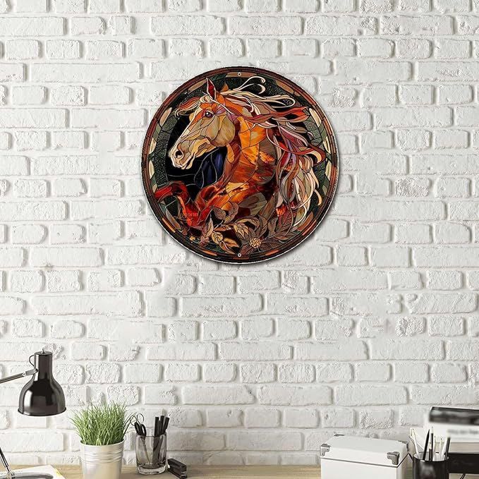 Lygond Metal Sign Tin Sign Circular Stained Glass Horse Gardening Poster for Pet 8×8 Inches