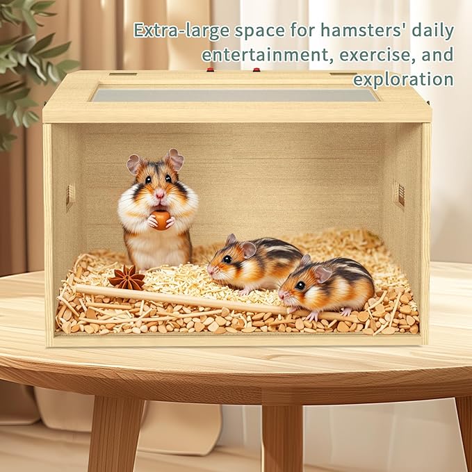 24" Hamster Cage, Top Opening Lockable Roof Door Gerbil Cage, Dwarf Hamster Cage with Hygrometer, Mice and Small Animal Habitat, Chewproof Syrian Hamster Enclosure, (Wooden, 24" L x 16" W x 16" H)