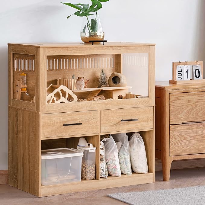 Mewoo Large Hamster Cage, Hamster Cage with Storage Cabinet, Large Habitats Hamster House with View Acrylic Panels and Drawer, Small Animal Cage for Guinea Pig, Rat, Hedgehog, Ferret